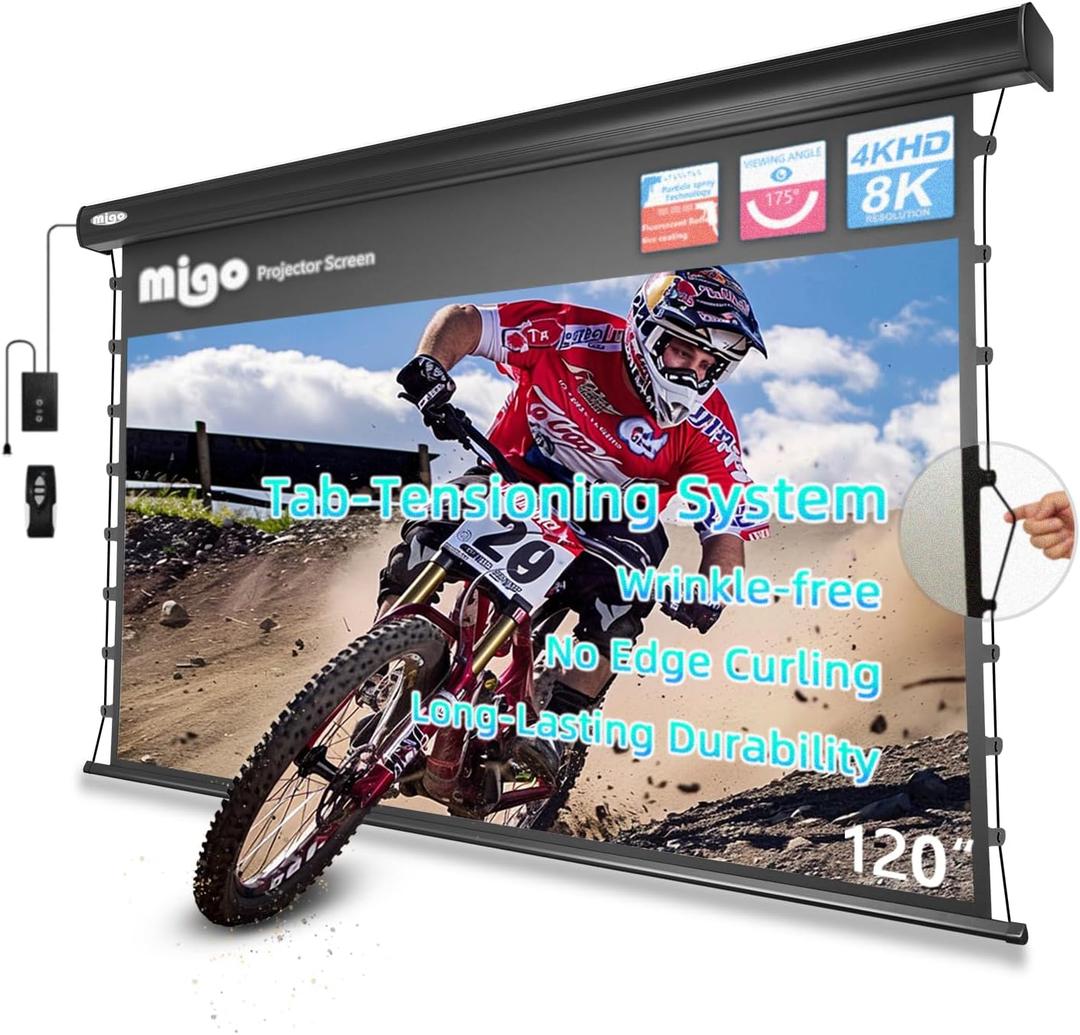 MIGO 120 Inch Motorized Projector Screen Pull Down,2.0 Gain Partial Ambient Light 4K HD TabTension Electric Projector Screen Wall/Ceiling Mount for UST Projector Indoor Home Theater Bar(Black Housing)