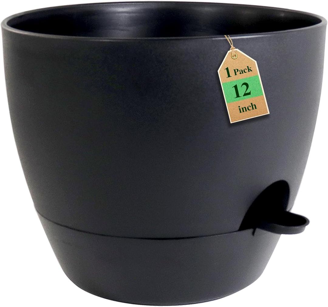 WSMKSZ 12 inch Large Self Watering Pots, Flower Plant Pots with Multi Mesh Drainage Holes for Indoor Outdoor Garden Plants and Flowers, Plastic Planters with Removable Deep Reservoir, Black, 12inch 1pc