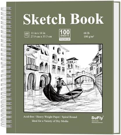 SuFly 11x14 Sketchbook, 100 Sheets Hardcover Sketch Book, 68lb/100gsm Artist Paper, Drawing Books for Teens & Art Gifts.