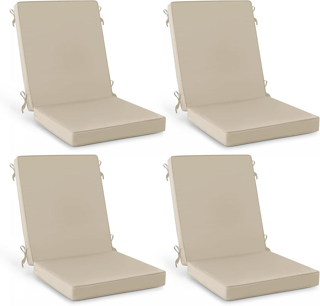 Outdoor Dining Chair Cushions 4 Pack, Water Resistant High Back Patio Seat Cushion Set with Ties, Removable Covers, Non-Slip Bottom for Garden Lawn Patio Furniture, 44 x 20 Inch, Cream