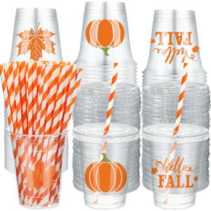 Umigy 100 Pcs 12 oz Fall Plastic Cups with Lids and Paper Straws Thanksgiving Disposable Clear Pumpkin Cups Autumn Harvest Plastic Mugs for Beer Beverage Snacks Coffee Hot Cold Drinks Party Supplies