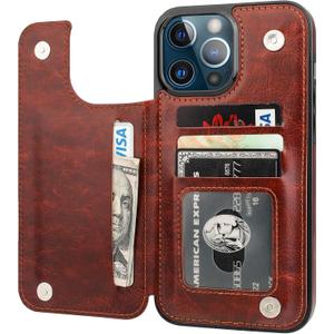 ONETOP Compatible with iPhone 13 Pro Max Wallet Case with Card Holder,PU Leather Kickstand Card Slots Case, Double Magnetic Clasp and Durable Shockproof Cover 6.7 Inch(Brown)