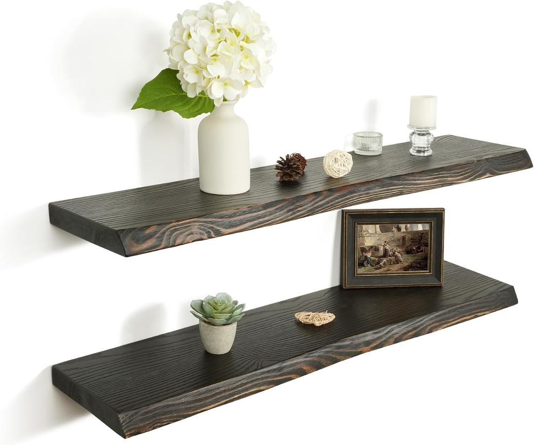36 Inch Wooden Floating Shelves for Wall Set of 2, Finnish Spruce Solid Wood Shelf, Natural Wood Floating Shelves for Living Room, Bathroom, Bedroom, Kitchen, Country Brown Finish