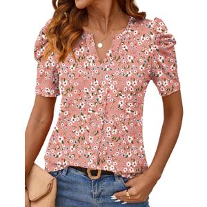 Rapbin Womens Summer Tops 2025 Puff Short Sleeve V Neck T Shirts Dressy Casual Spring Blouses for Women (Large, Pink White Floral)