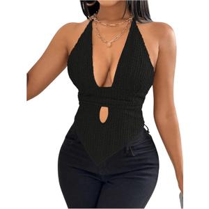 SOLY HUX Women's Deep V Neck Cut Out Halter Top Tie Backless Asymmetrical Hem Summer Tops (Large, Plain Black)