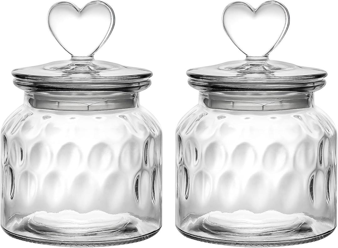 WHJY Set of 2 Airtight Glass Jars Decorative Jars, 22oz Jar of Hearts Cute Cookie Jar Decorative Jars with Lids Candy Jars for Candy Buffet Heart Shaped Lid (Drops Textured)