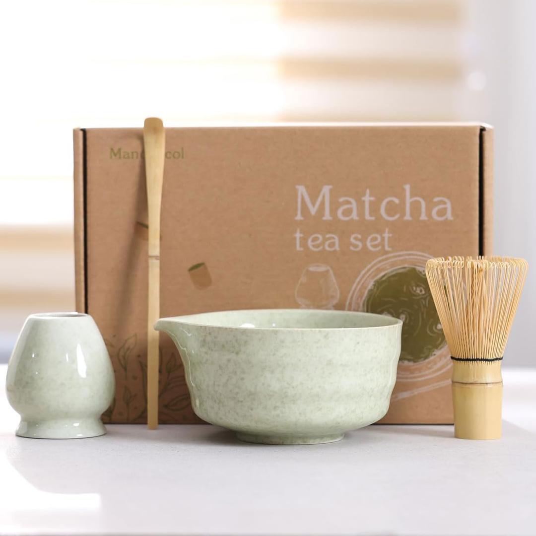 Matcha Set Match Bowl with Spout and Matcha Whisk Holder Whisk Tea Set Includes and Bamboo Scoop Ceramic 17 OZ - 4pc Perfect Matcha Kit for Matcha Tea Ceremony (Mottled Green)