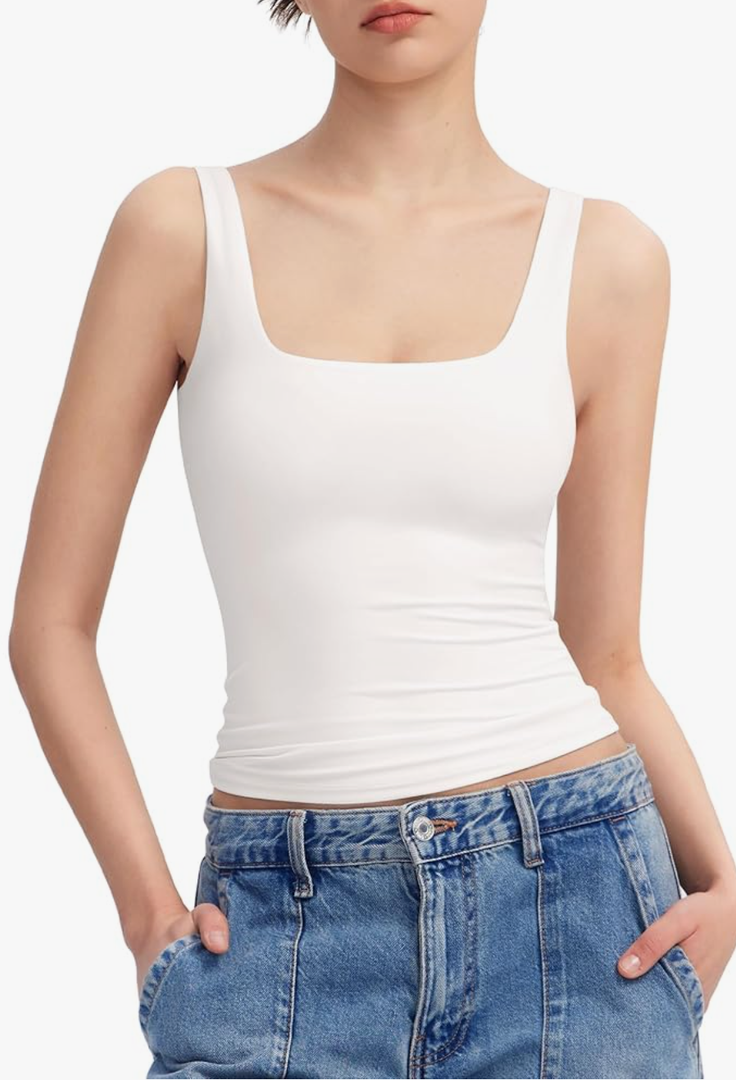 PUMIEY Women's Square Neck Tank Top Sleeveless Double Lined Basic Tops Sharp Collection, size Medium, White