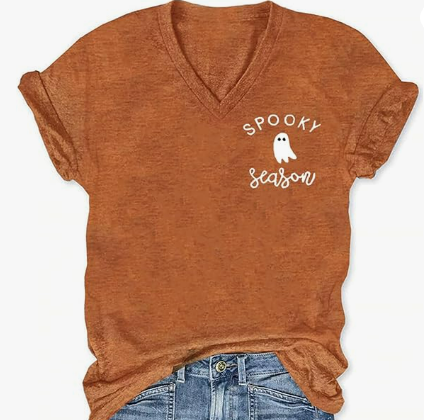 Spooky Season T Shirt for Women Fall Halloween Ghost Graphic Tees Casual V Neck Tops Autumn Funny Halloween Clothes (Brown2, S)