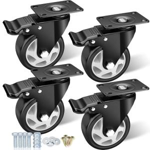 4" Caster Wheels, Casters Set of 4 Heavy Duty - ASRINIEY Black Polyurethane Castors, Top Plate Swivel Wheels, 4-Pack Industrial Casters with Brake, Locking Caster for Furniture and Workbench