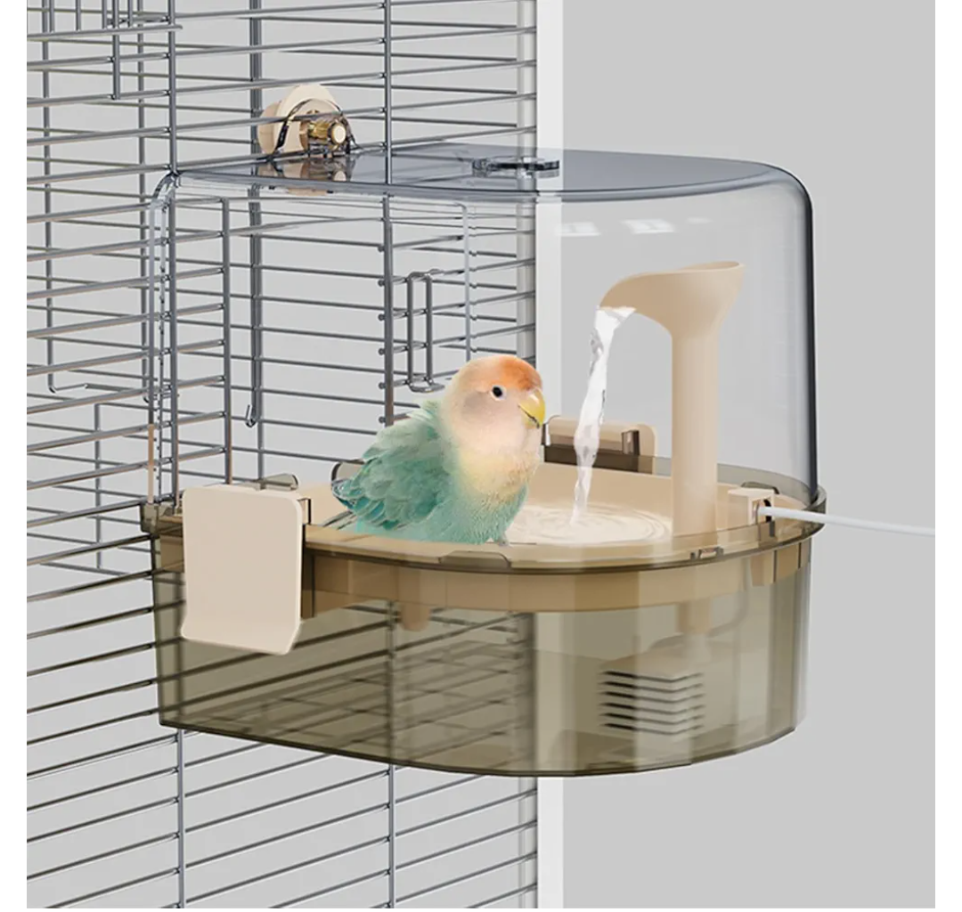 Automatic Bird Baths for Cage – Indoor Parakeet Bath with Pump, Bird Shower with 2 Modes Running Water, Bird Cage Accessory for Pet Birds Conure Budgies Cockatiels Lovebird (Light Brown)