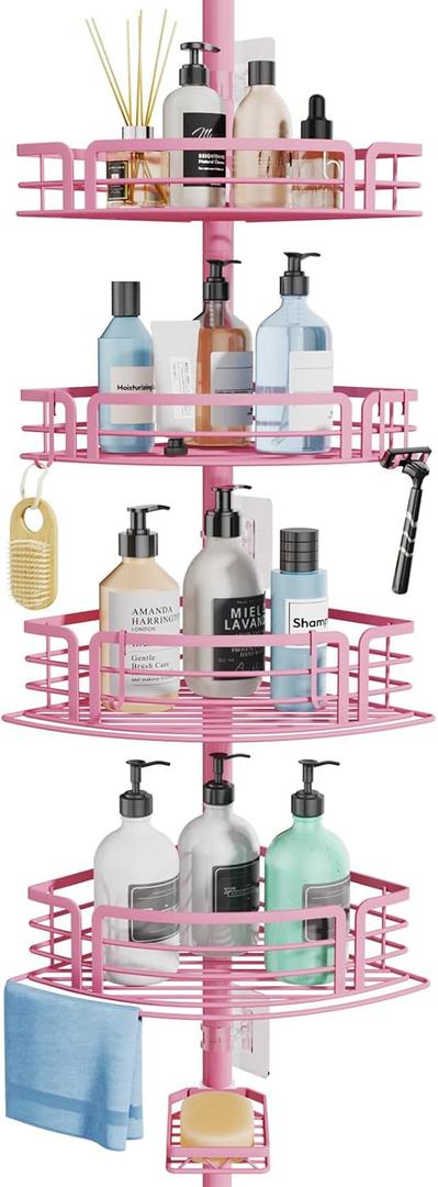 Consumest Corner Shower Caddy Tension Pole - Rustproof Shower Shelves with Towel Bar & Soap Holder, Adjustable Bath Organizer for Bathroom Storage, 27.6-108.3 inch, Pink