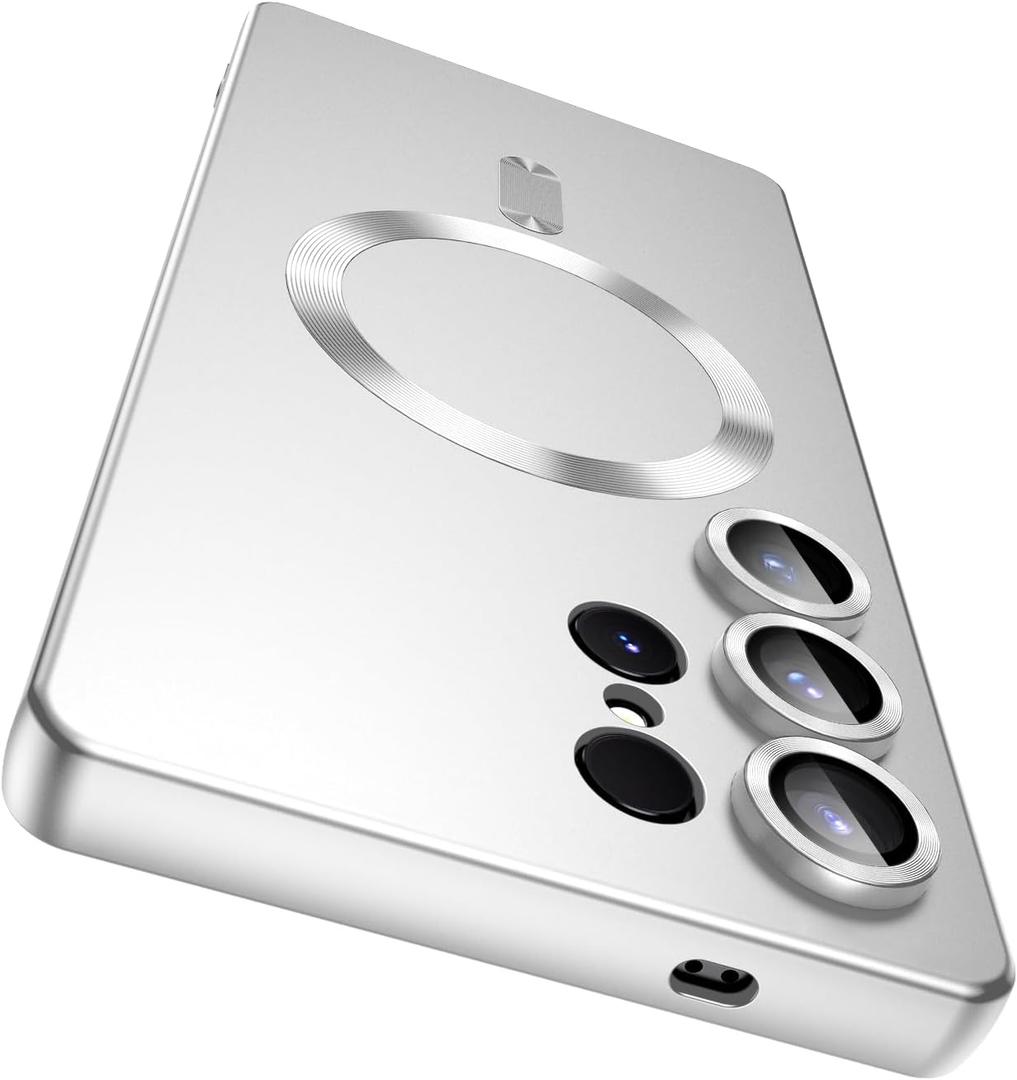 LEKEVO Magnetic for Samsung Galaxy S25 Ultra Case [Compatible with MagSafe][Built-in Camera Lens Protector] Slim Soft Silicone Bumper Shockproof Metallic Luster Phone Shell (Silver)