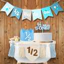 1/2 Birthday Boy Half Birthday Decorations 4PCS Khaki 6 Month Party Set with 1/2 Way to One Banner, Halfway High Chair Banner, Cake Topper and Hat for 6 Month Baby Boy Photo Shoot Decor