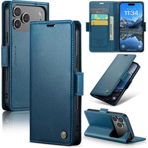 SINIANL Leather for iPhone 17 Pro Max Case Wallet, PU Leather Wallet Case Flip Folio RFID Blocking Card Holder Stand Phone Cover for iPhone 17 Pro Max, Blue