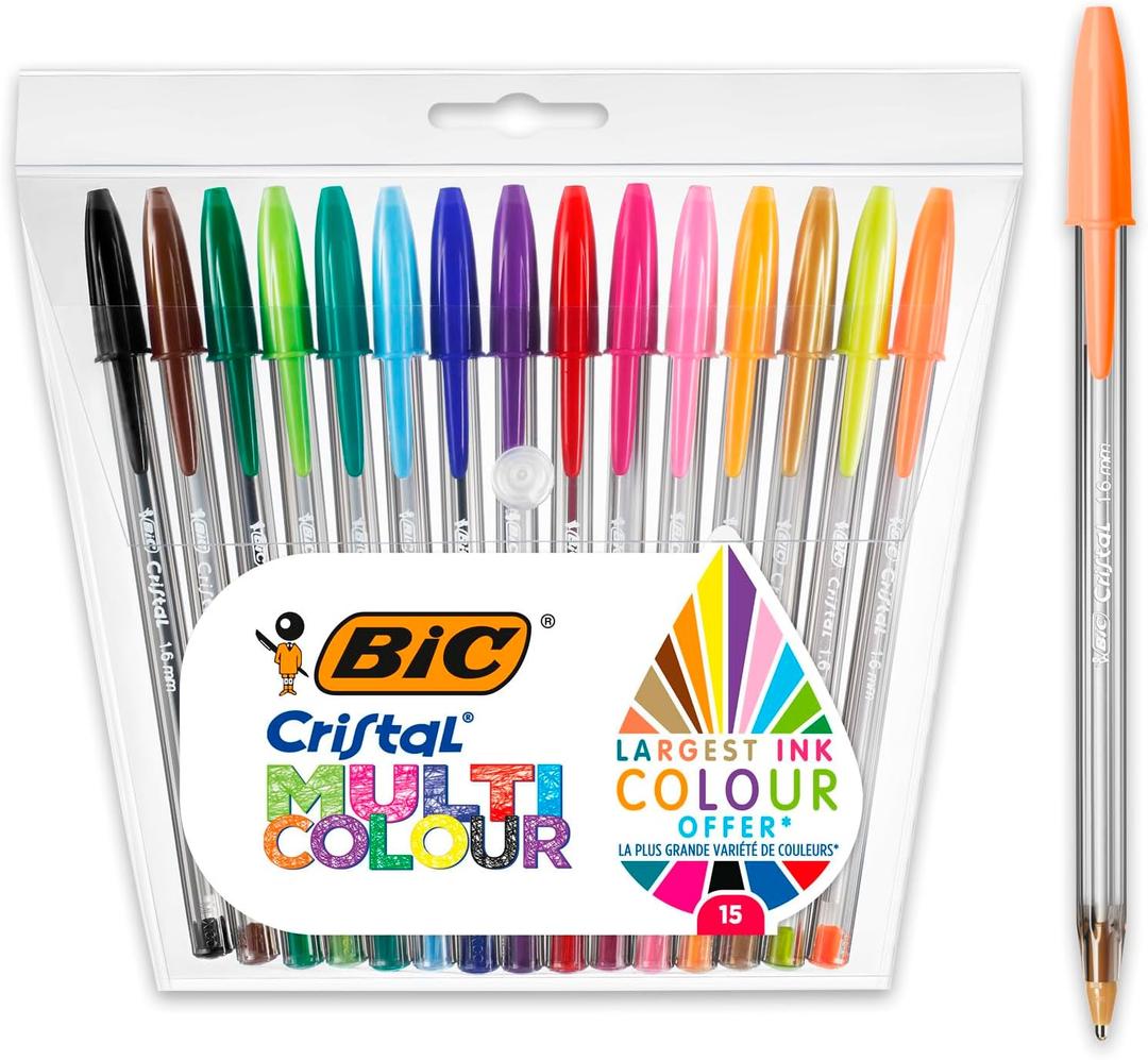 BIC Cristal Multicolour Ballpoint Pens With Wide Tip (1.6mm) Pens For Colourful Writing In Assorted Colours, Pack Of 15