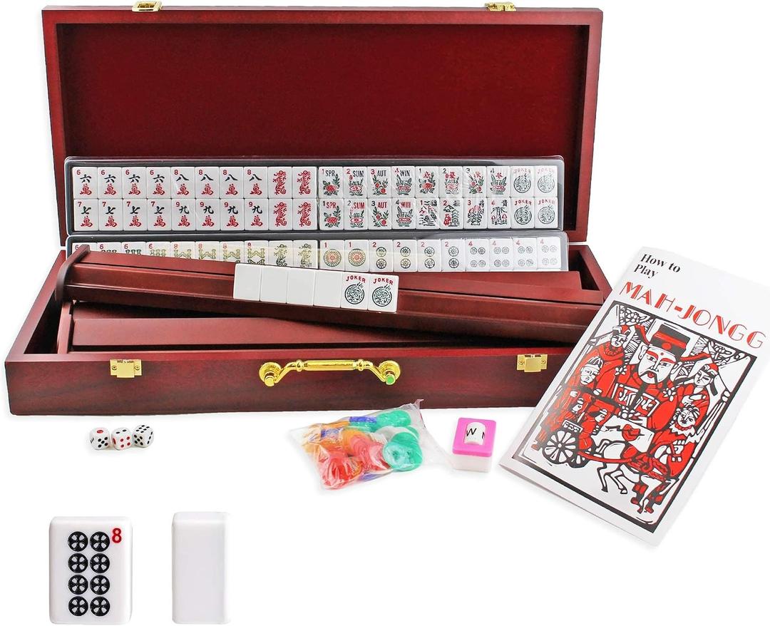 Complete American Mahjong Game Set, 166 Tiles, 4 All in One Pusher Racks, Chips, Wind Indicator (Wood Case)