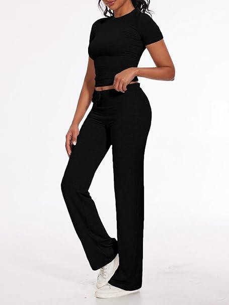 Women's 2 Piece Lounge Sets Straight Leg Pants Set Short Sleeve Crop T-shirt Casual Outfits Comfy Loungewear  - Small - Black
