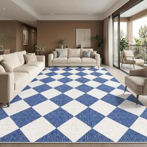 GarveeHome Large Area Rug 9x12 Navy Blue Living Room Checkered Washable Rug | Large Diamond Non Slip Backing Floor Mat Indoor Soft Thin Carpet for Bedroom Dining Room Playroom Nursery Home Decor