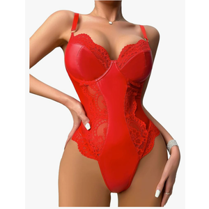 Women Leather One Piece Lingerie Underwire Lace V Neck Nightgown Babydoll Bodysuit ,Size L