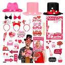34 Pcs Valentine's Day Photo Booth Props Kit Red Pink Celebrate Valentine Day Photo Props Funny Hat Glasses Headbands Kiss Wine Flower Photos Frame for Photoshoot Fun Wedding Party Decoration