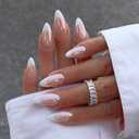 French Tip Chrome Short Press on Nails Almond Medium Fake Nails with Mirror Designs Glossy Glue on Acrylic Nails Nude Full Cover False Nails for Women (Colorful-001)