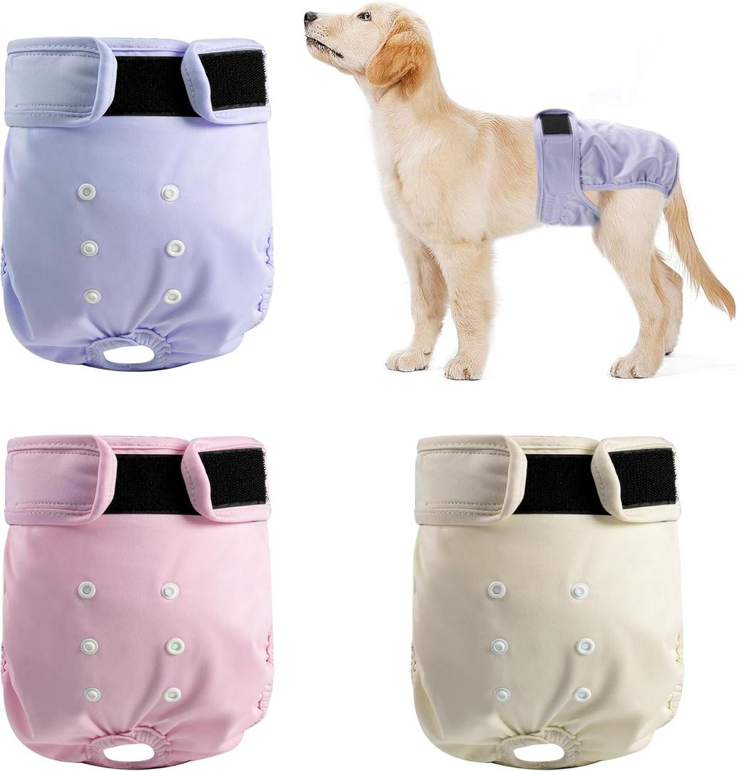 ZINGTERRA 3 Pack Washable Female Dog Diapers, Reusable Diaper for Doggie, Highly Absorbent Dog Diaper, Adjustable Leakproof Puppy Diapers Skirt for Heat, Incontinence, Period Doggy Nappies M
(M(12"-15"Waist), Khaki,Pink, Light Blue)
