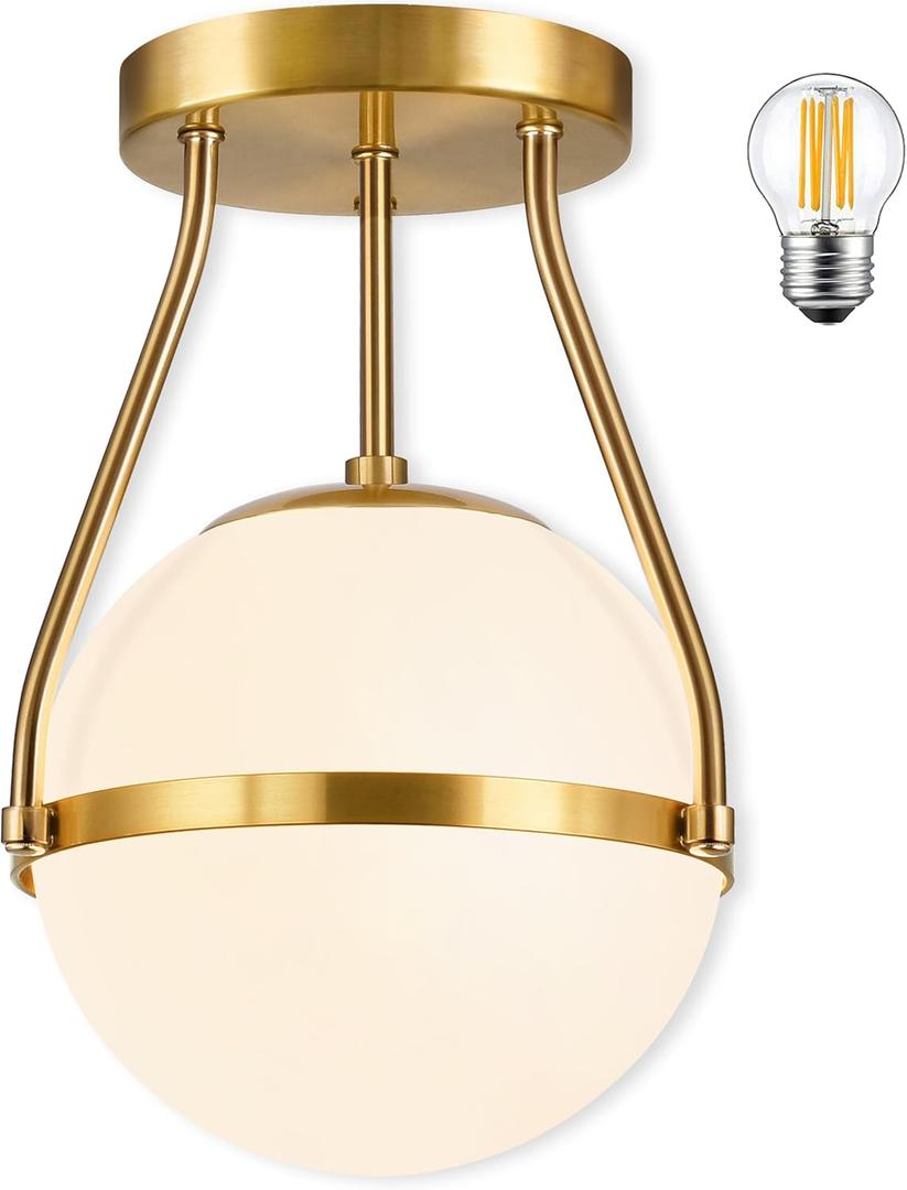 Globe Semi Flush Mount Ceiling Light Mid Century Modern Globe Ceiling Light Fixture with Milk Glass Shade Brass Finish for Living Room Hallway Kitchen Island Dining Room Laundry (Bulb Incl.) (6 inch, Gold)