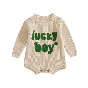 Nibbcoa Newborn Baby Boy St Patricks Day Outfit Lucky Boy Embroidery Knit Sweater Romper Long Sleeve Knitted Bodysuit (S-Apricot, 3-6 Months)