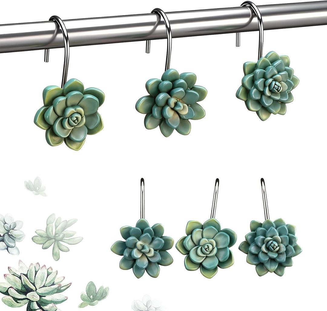 Amyhill 12 Pcs Succulents Plants Decorative Shower Curtain Hooks Mini Succulents Green Shower Curtain Rings Hanger Stainless Steel Resin Plant Theme Hooks for Home Bathroom Decor