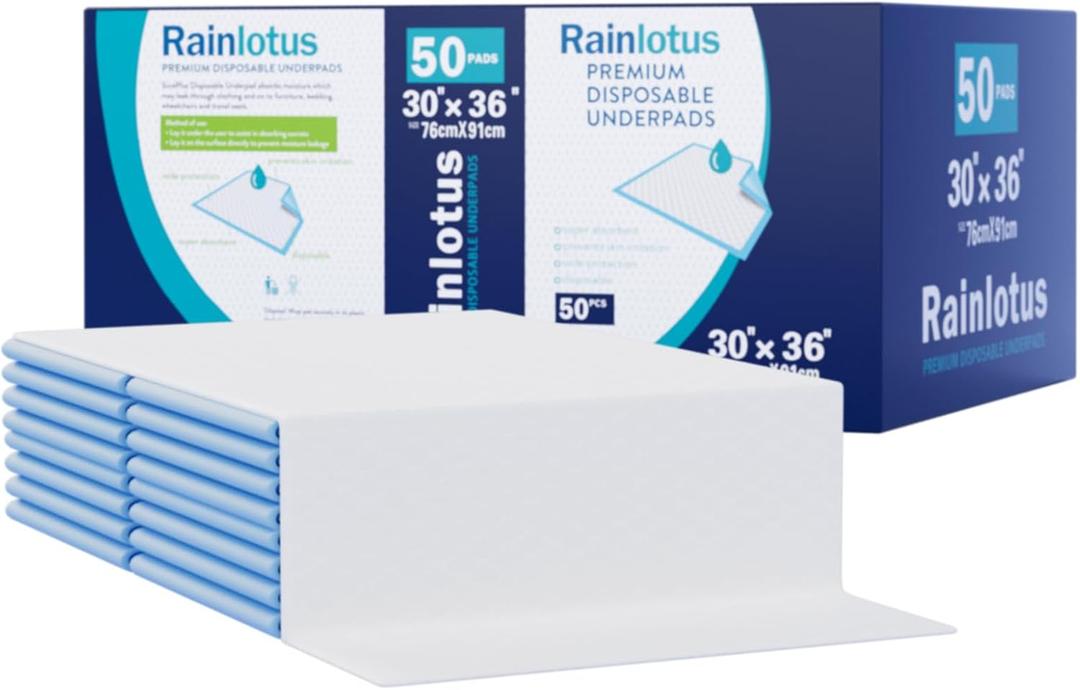 50 Count Super Absorbent Underpads,Rainlotus 30"x36" Leakproof & Quick-Dry Mats Ideal for Puppy Training, Extra Large Furniture & Surface Protection Pee Pad for All Ages & Pets