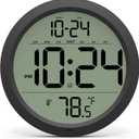 Digital Wall Clock with Date, Indoor Temperature, Auto-DST, Battery-Operated Digital Clock, 8 Inch Small Decorative Wall Clock for Bedroom, Living Room, Home, Kitchen, Office, Modern, Electric, Simple (Black)