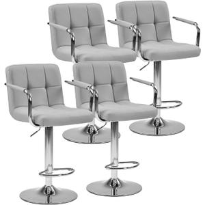 DUMOS Bar Stools Set of 4, Adjustable Swivel Bar Chairs with Padded Armrests and Ergonomic Backrest for Kitchen Island Counter Pub Dining Room, Water-Resistant PU Leather, Grey, 4 PCS