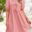 PRETTYGARDEN Womens 2025 Summer Casual Short Sleeve Dresses A Line Bow Tie Front Babydoll Loose Cute Mini Dress with Pockets (S)