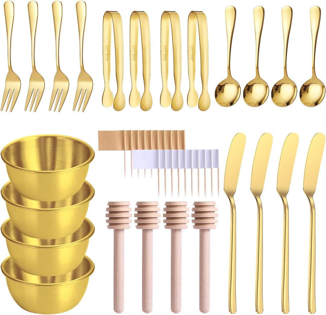 Gold Charcuterie Boards Accessories(26 PCS), Gift Box Packaging, With Ceramic Dip Bowls, Wooden Handle Cheese Spreader Butter Knive Set, Mini Tongs, Spoons, Forks,Honey Dipper, Cocktail Picks