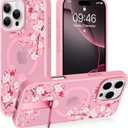 AIGOMARA Magnetic Stand for iPhone 16 Pro Case, Aesthetic Cute Pink Floral Flower Design for Women Girls, Compatible with Magsafe, Slim Translucent Matte Protective Kickstand Phone Case