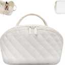 Makeup Bag,Quilted Puffer Cosmetic Bag for Women, 180 Lay-Flat Travel Make up Bag, Waterproof Large Capacity Toiletry Bag with Sturdy Zippers, Portable Makeup Organizer for Travel & Daily Use (Medium, White)