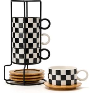 LUKA 6 Ounce Ceramic Stackable Black and White Checkered Espresso Cups with Saucers and Metal Stand Set of 4, Cappuccino Cups Set for Coffee Drinks, Latte, Cafe Mocha and Tea