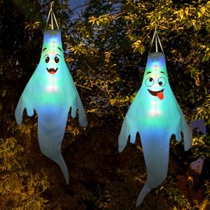Halloween Decorations Outdoor: 2 Pcs Cute Hanging Ghosts for Tree, Porch, Garden, Yard - Waterproof Colorful LED Ghost Decor with Timer