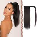 FESHFEN Straight Ponytail Extension 16 inch Natural Long Ponytails Wrap Around Clip in Pony Tail Hair Piece Synthetic Hairpieces for Women, Darkest Brown
