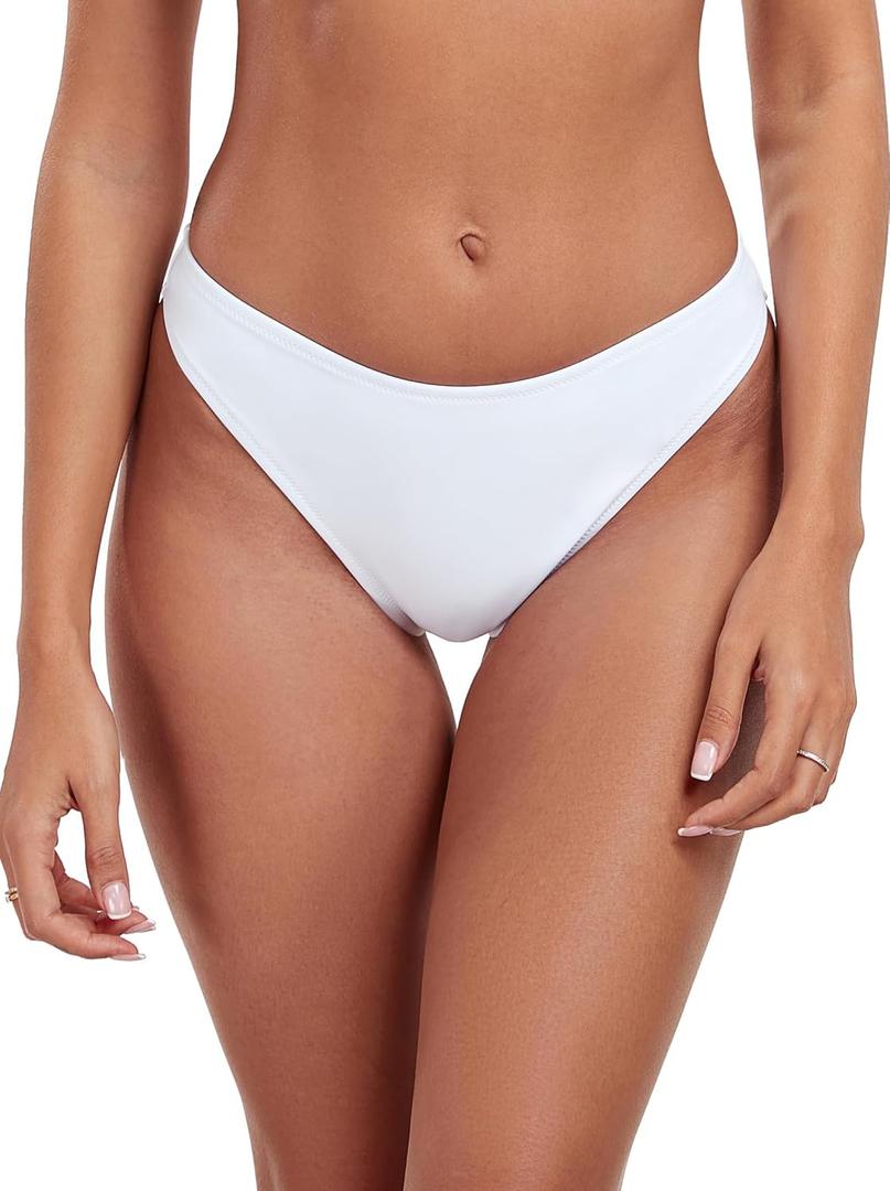 RELLECIGA Women's Cheeky Mid Waisted High Cut Bikini Bottoms (Medium, White)
