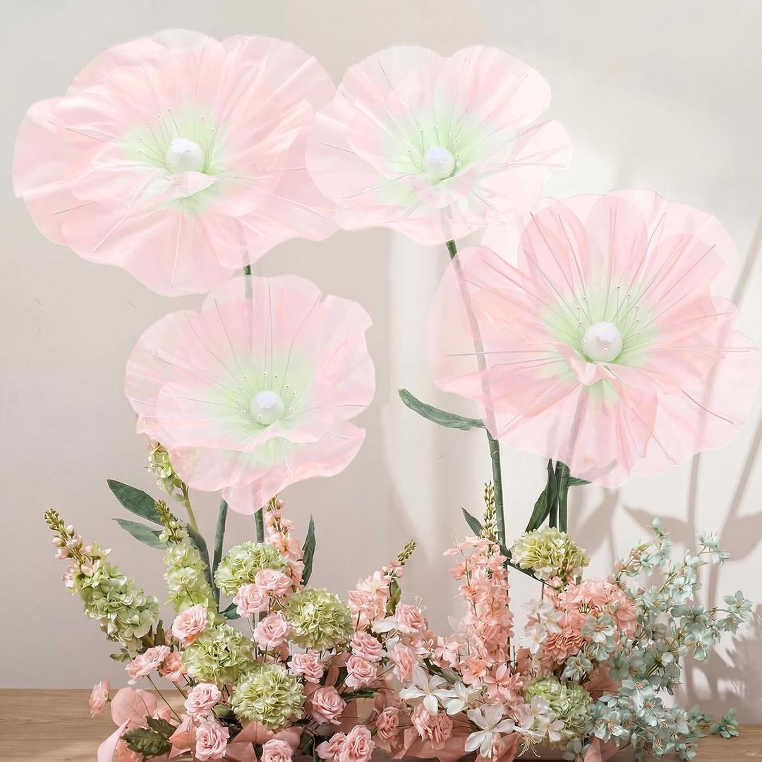 4 Pcs Wedding Giant Flowers Decorations 24 Inch 16 Inch 3D Large Silk Flowers Artificial Faux Floral Backdrop for Wedding Graduation Bridal Shower Party Supplies(Pink and Green Gradient)