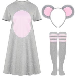 Sureio 3 Pcs Halloween Mouse Costume Accessory Set Rat Ears Headband T Shirt Skirt Striped High Socks for Women Cosplay Party (Small)