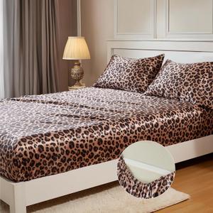MR&HM Satin Fitted Sheet Full Size, Silky Bottom Sheet with Elastic Corner Straps, Deep Pocket up to 15 Inch, No More Slipping Off for Mattress - 1 Fitted Sheet Only (Brown Leopard)