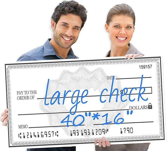 40"x16" Reusable Giant Presentation Check - Double Sided Fake Checks for Charity Donations & Fundraisers | Waterproof Oversized Prop