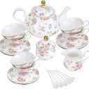 fanquare 21 Pieces Pink Blue Floral Porcelain Tea Set with Gold Trim, British Style Coffee Set for Adults, Vintage Romantic Gift Tea Sets for Wedding, Birthday, Women Tea Party