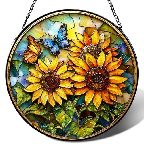 Stained Glass Window Hanging, Colorful Glass Sun Catchers Indoor Window Home Decor Christmas Mother's Day Birthday Gifts for Women, Men, Wife, and Mom 7.8 in (Sunflower)
