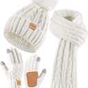 Womens Beanie Hat Scarf Gloves Set, Fleece Lined Winter Hat with Pom Pom, Long Knit Scarf Touchscreen Gloves for Cold Weather (White)