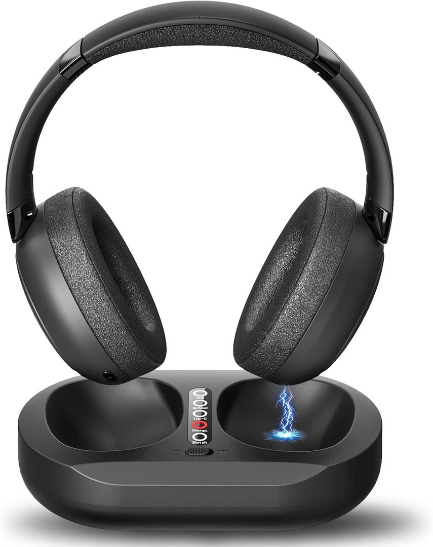 PILSAMAS Wireless Headphones for TV Watching - Manual-Select Screen Transmitter & LED Charging Dock, Zero Latency, 100ft - 2.4G & Bluetooth Headset for Samsung/LG/Sony TVs, Seniors, Hard of Hearing