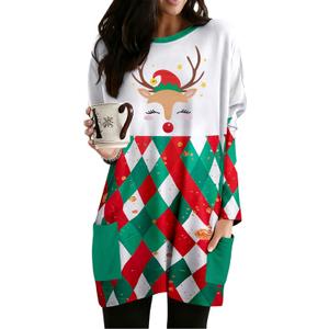 MOUSYA Women Dress Shirt Christmas Long Sleeve Tops Santa Printed Pullover Loose Plus Size T-Shirt Blouse with Pockets (XL)